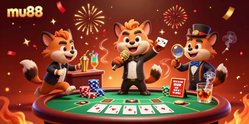 Join the fun at mu88 casino with hyenas performing comedy, mixing drinks, and checking IDs under festive lights.