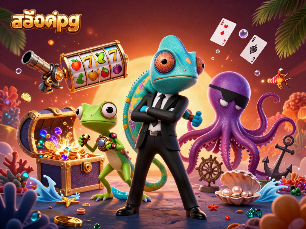 Spin สล็อตpg with golden treasures and vibrant characters in an engaging casino scene.