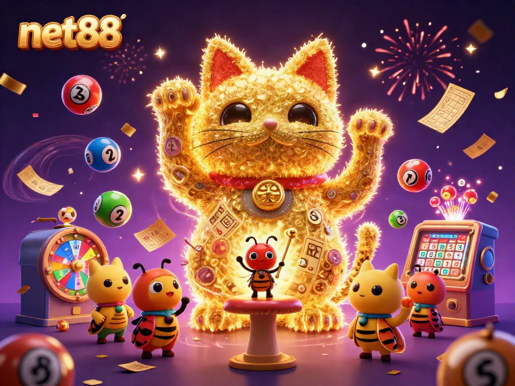 Join the net88 adventure with a magical lucky cat, vibrant gambling symbols, and festive atmosphere.