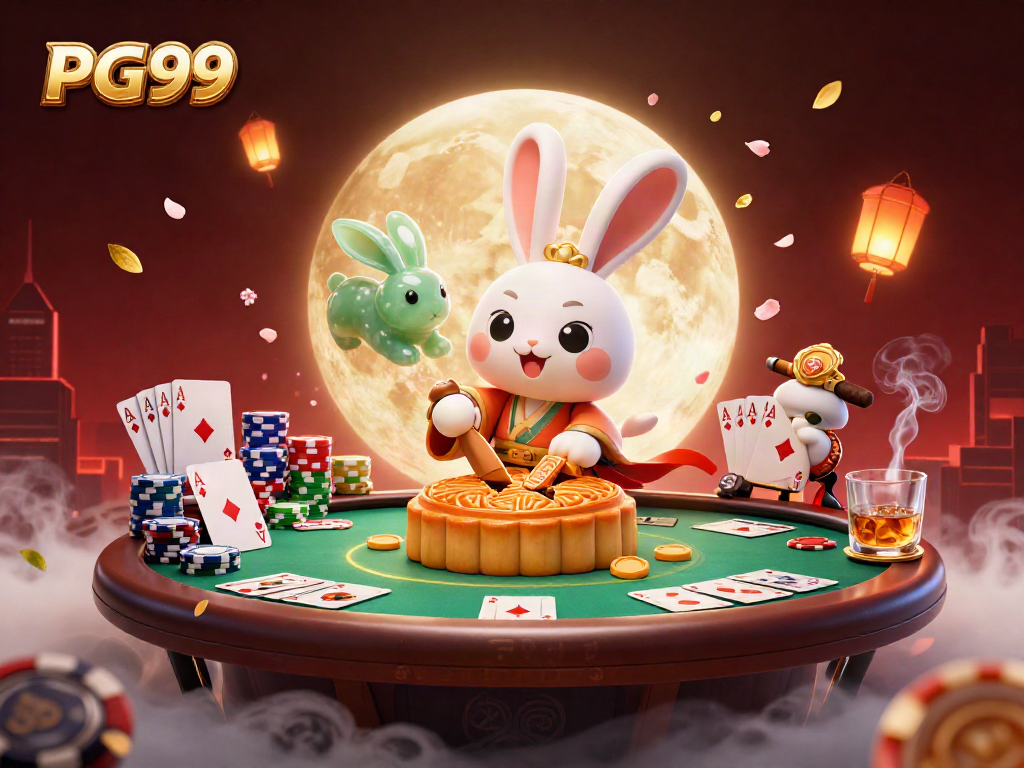 Engage with PG99's vibrant moon rabbit scene where poker chips spill from mooncakes.