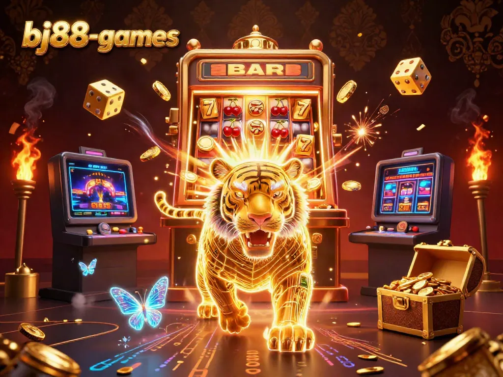Experience the vibrant world of bj88-games with a golden tiger amid a thrilling casino scene.