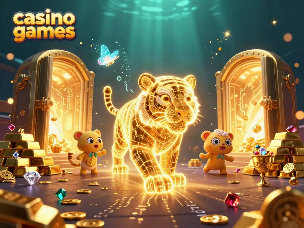 Engage in thrilling casino games surrounded by golden treasures and neon energy in this vibrant scene.