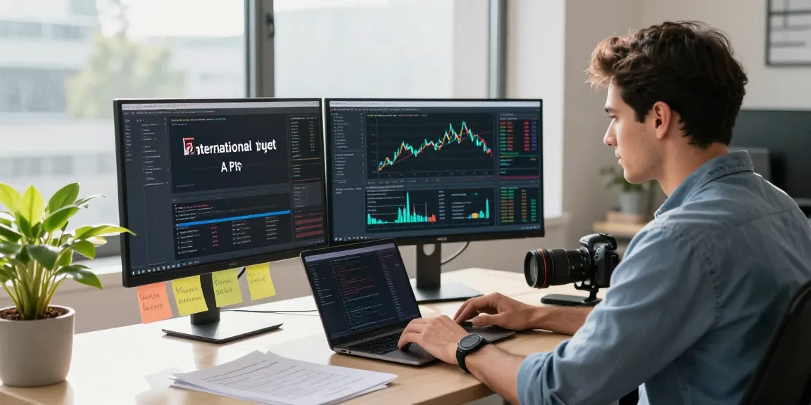 Professional developer analyzing the sugar international quote API in a modern workspace, with dual monitors displaying forex market trends and insights.
