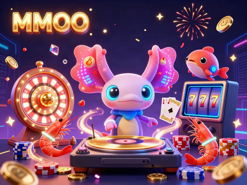 Experience the vibrant world of MMOO as characters celebrate with slot machines, poker chips, and golden coins.