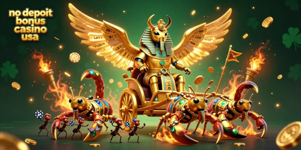 No deposit bonus casino usa visual featuring a 3D cartoon golden scarab beetle with poker chips, surrounded by casino elements.