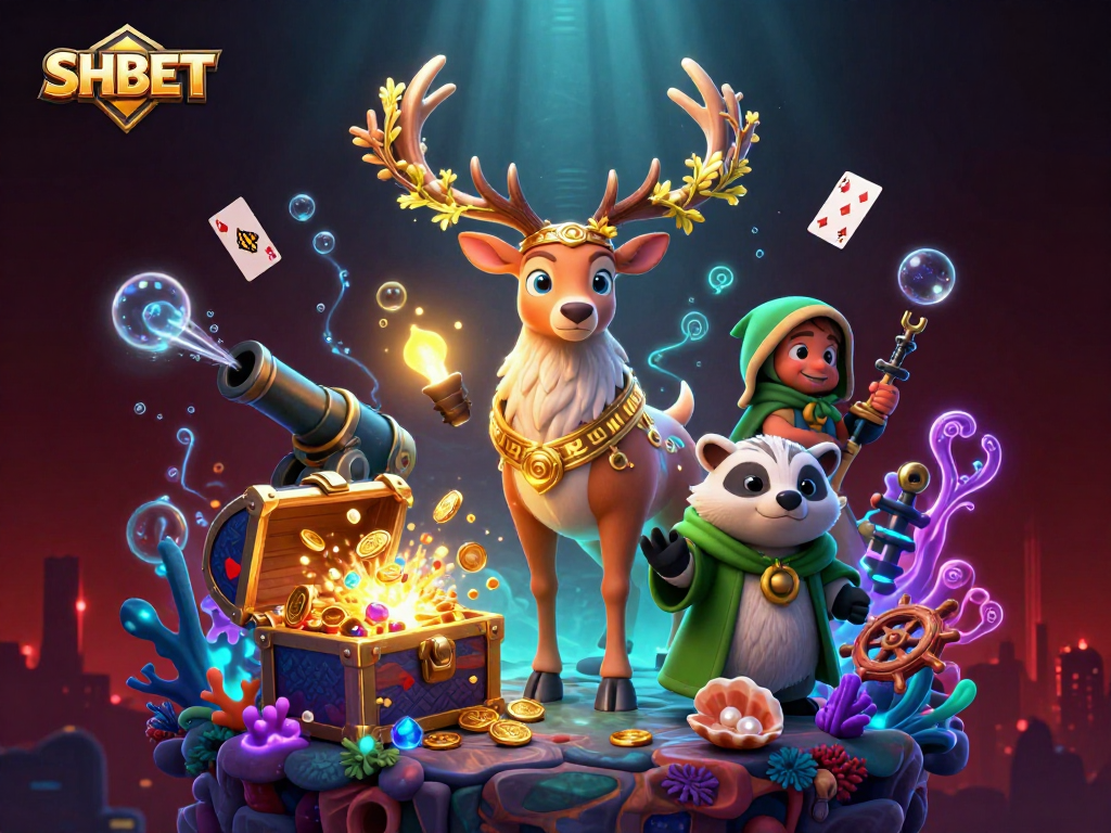Experience exciting wins with SHBET in an enchanting casino scene filled with treasures and spirits.