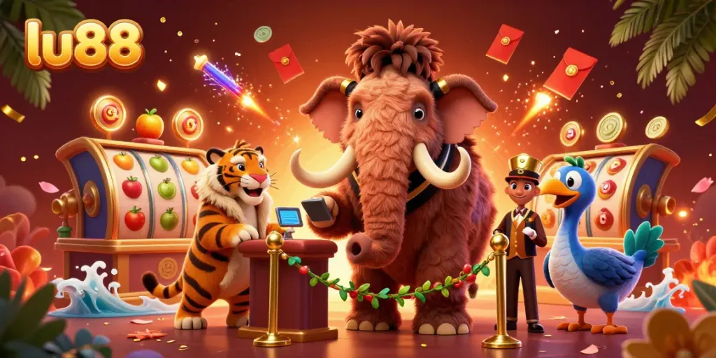 Experience the excitement of lu88 with a vibrant casino scene featuring anthropomorphic characters and dynamic game elements.
