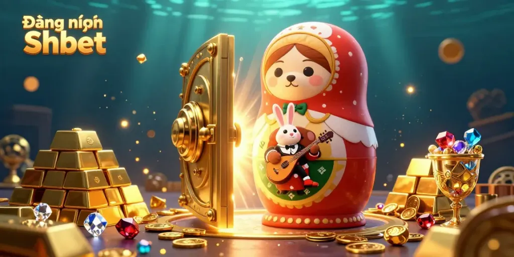 Engage with golden treasures and casino fun through Đăng nhập Shbet's vibrant illustration.