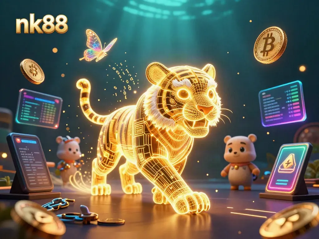 Engage in exciting betting strategies with nk88 at a vibrant digital casino filled with neon elements and crypto coins.