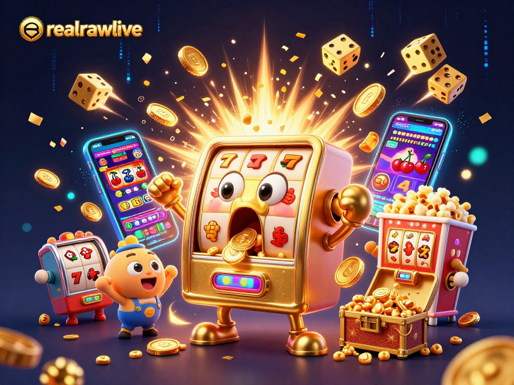 realrawlive jackpot celebration with cartoon slot machines and vibrant casino elements