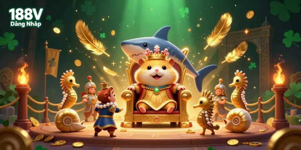 Experience thrilling action at 188V Đăng Nhập with the mighty hamster king and underwater guards in an animated casino setting.