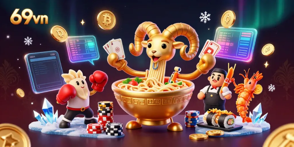 Engage in thrilling games at 69vn with a vibrant 3D casino scene showcasing dynamic characters and digital elements.