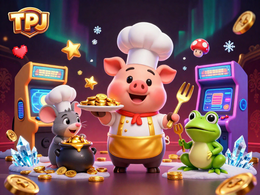 Engage with TPJ through vibrant casino adventures featuring a chef pig and gold coins.