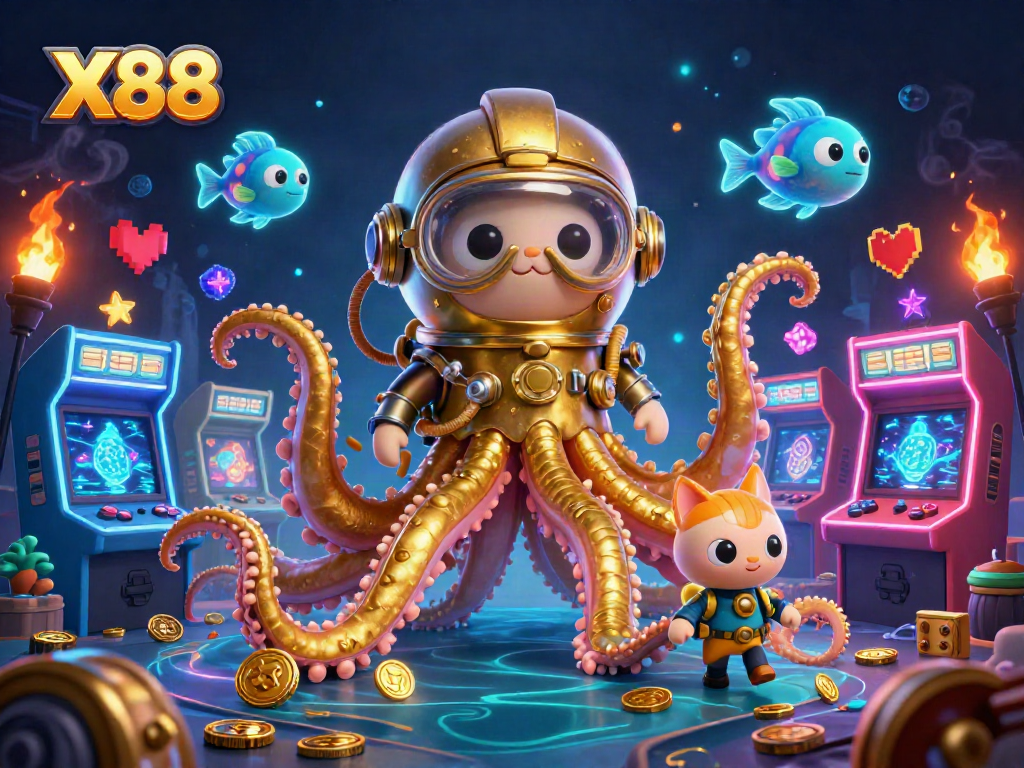 X88 engages gamblers with a vibrant 3D casino scene featuring a kraken, diving cat, and arcade elements.