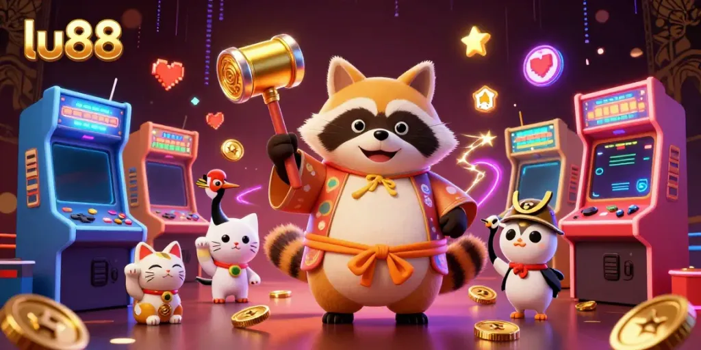 Experience winning with lu88 in a vibrant 3D casino scene with cheerful characters and glowing games.
