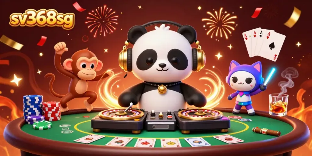 Exciting scene of sv368sg with a DJ panda, poker chips, and festive atmosphere