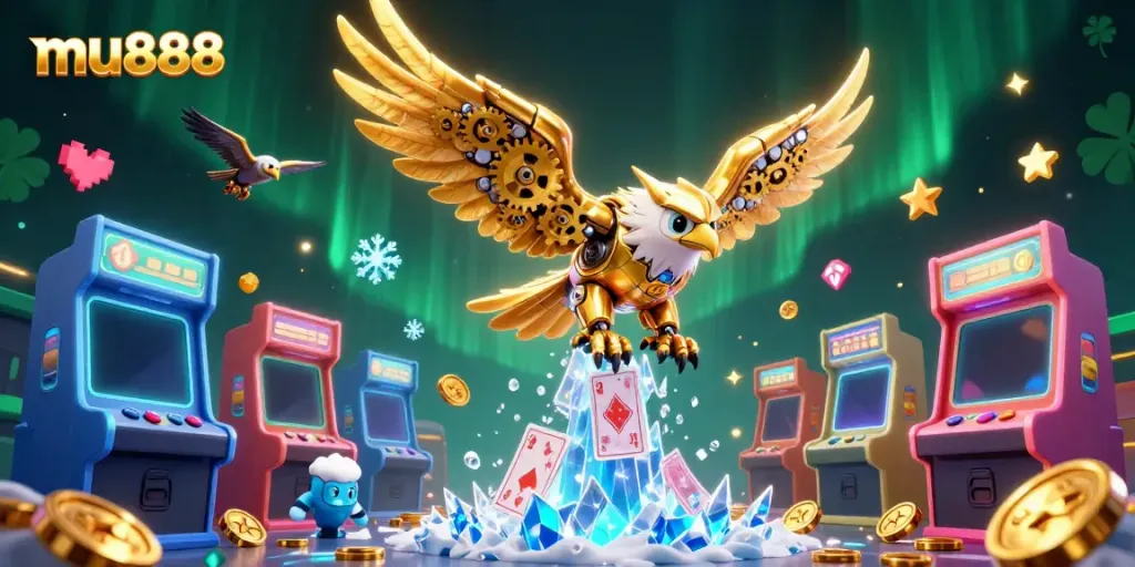 Experience exciting online gaming at mu888 with vibrant casino-themed elements in a dynamic 3D scene.