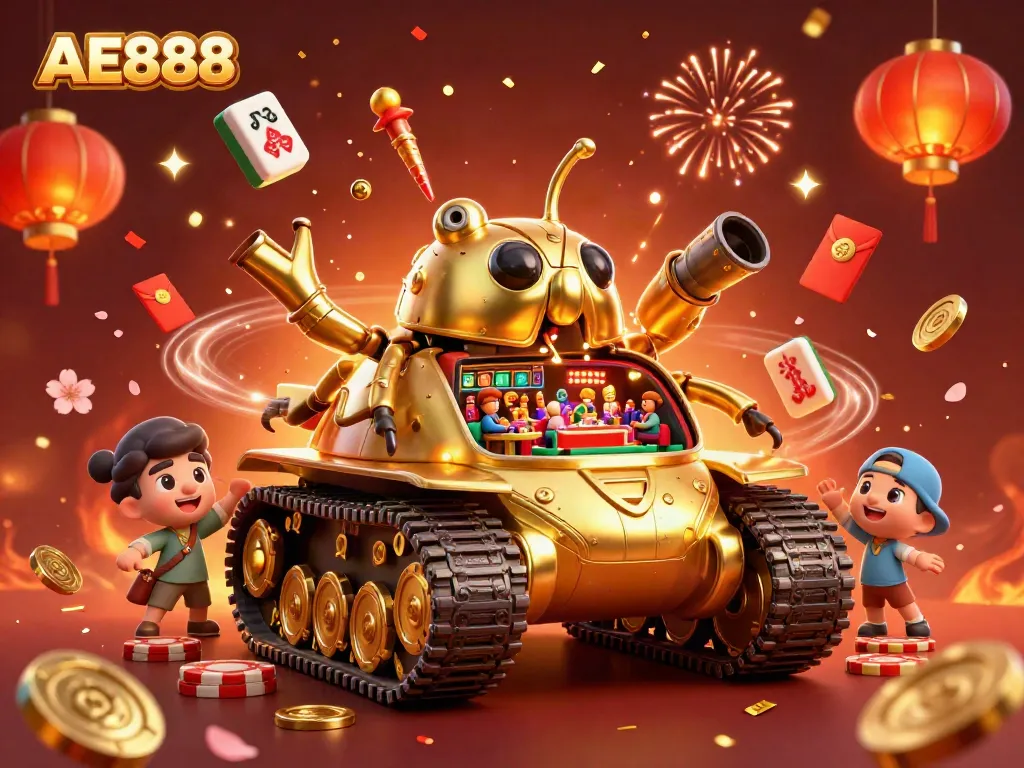 Experience AE888’s vibrant casino scene with a golden beetle tank revealing exciting gameplay.
