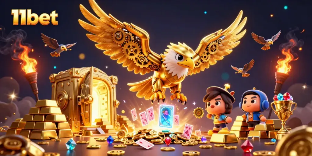 Experience the thrill of 11bet as a cybernetic eagle dives through dazzling holographic cards.