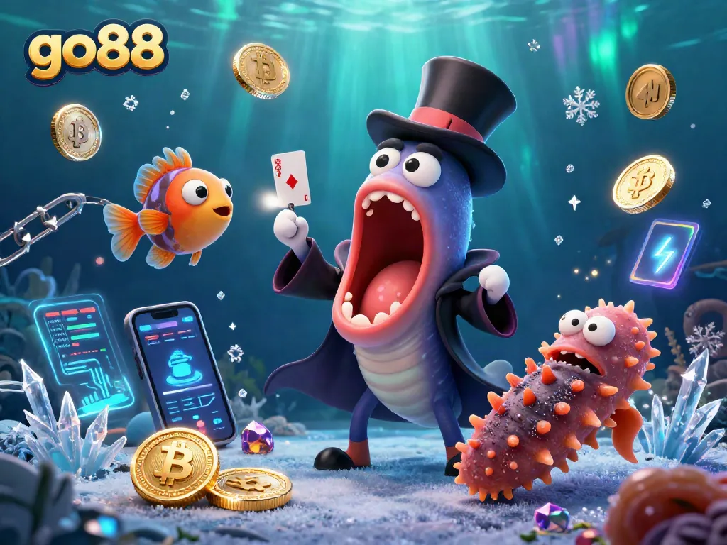 Join the excitement of go88! Bioluminescent eel performs magic alongside an anglerfish, set in a vibrant 3D casino.