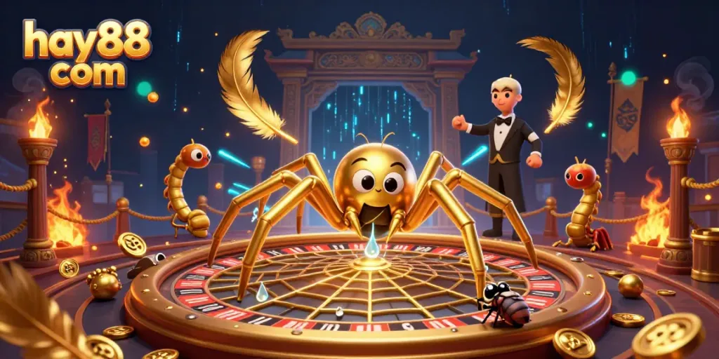 Experience thrilling bets at hay88 com with a golden spider and centipede croupier in a casino scene.