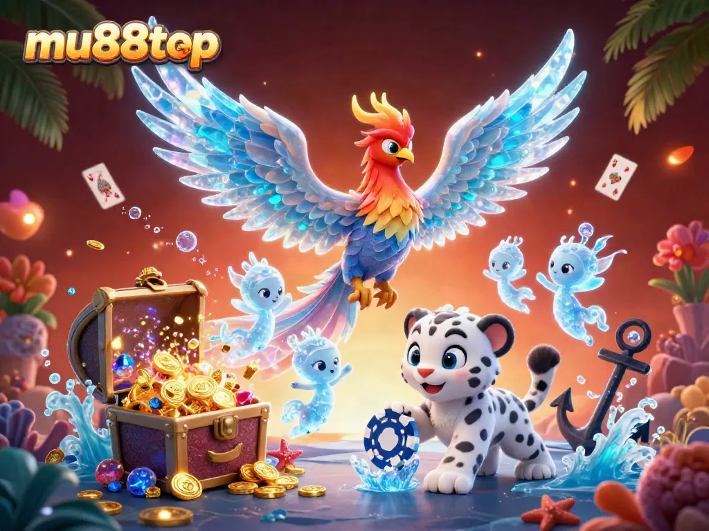 Engage in exciting gameplay at mu88top with a vibrant 3D illustration of an ice phoenix, a playful snow leopard cub, and dancing ice sprites.