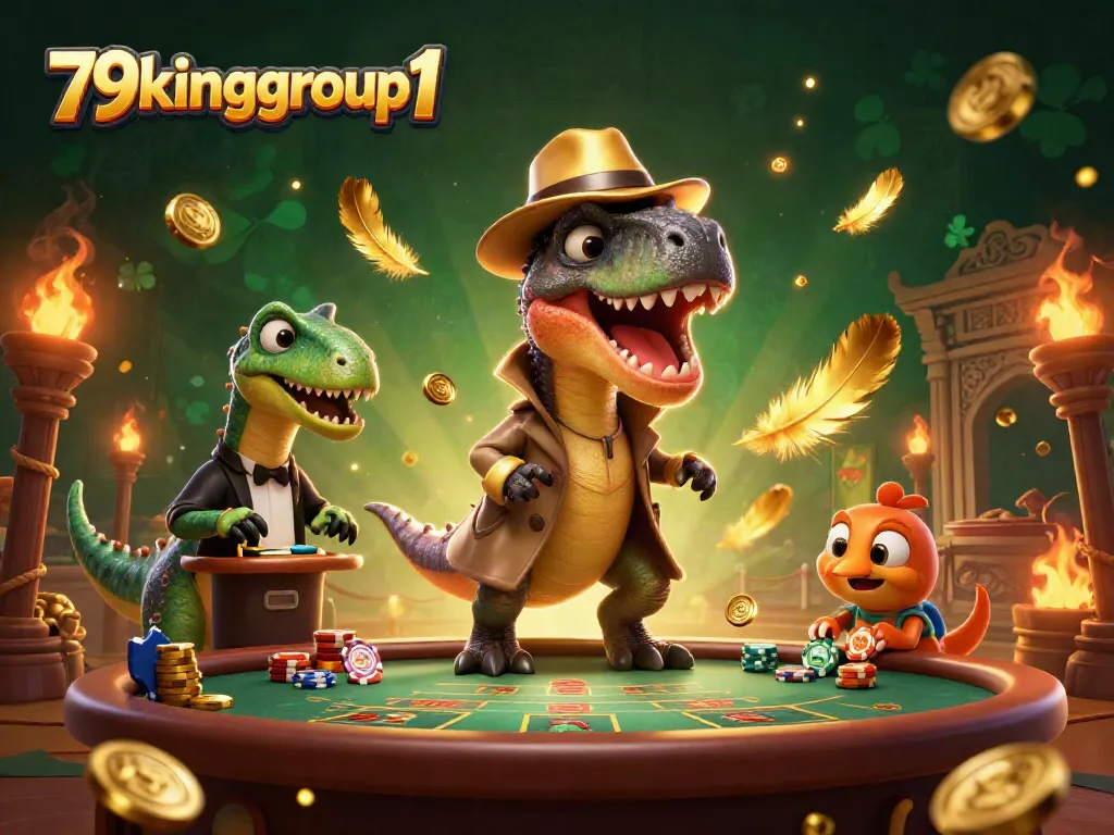 Experience the thrill at 79kinggroup1 with a velociraptor at a blackjack table, evoking excitement!