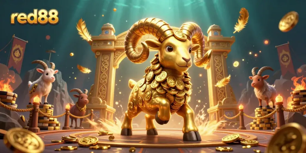 Experience thrilling wins with red88's dynamic 3D casino scene featuring a golden ram and engaging gambling elements.
