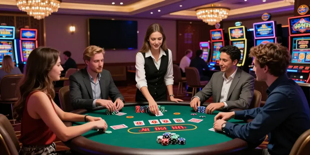 Exciting Casino En Ligne scene with friends playing blackjack, showcasing vibrant atmosphere and stylish decor.
