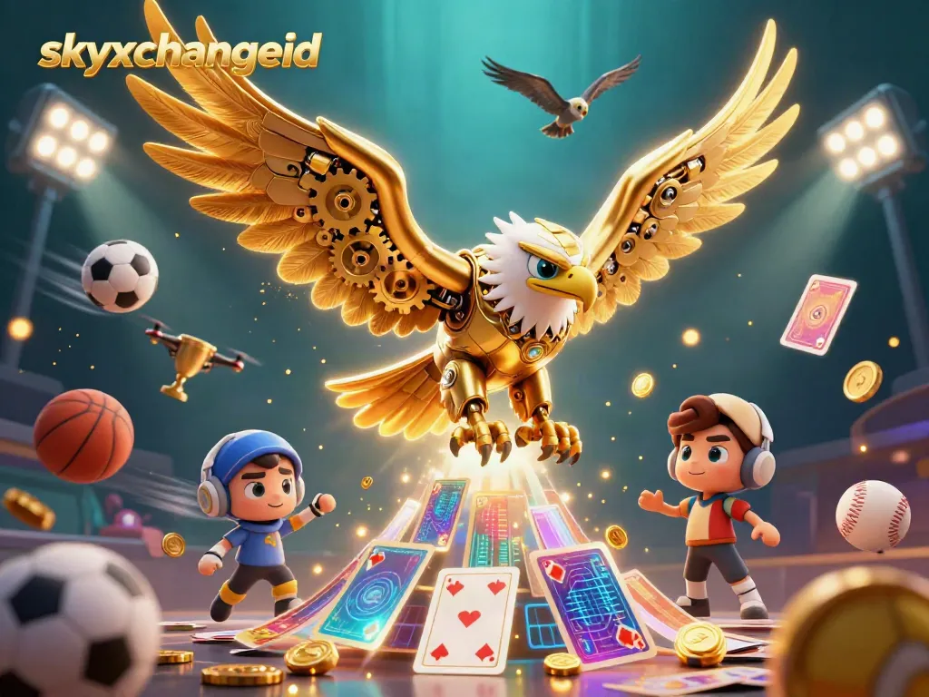 Experience thrilling betting with skyxchangeid, featuring a golden cybernetic eagle amidst sports elements.