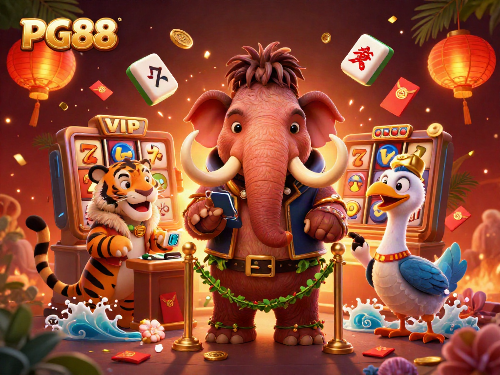 PG88 hosts a vibrant casino scene featuring a woolly mammoth checking IDs with festive elements around.