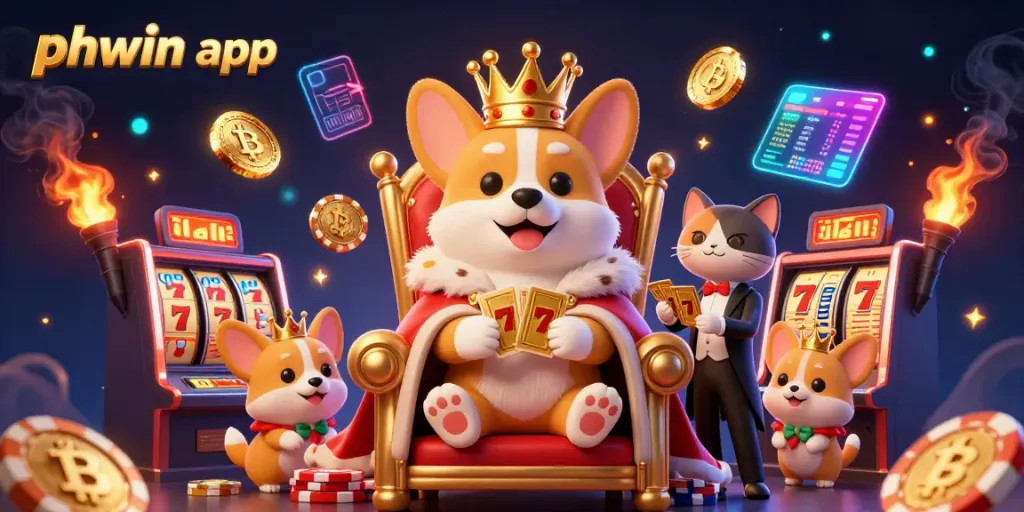 Experience thrilling gaming with the phwin app featuring a royal corgi and captivating casino elements.