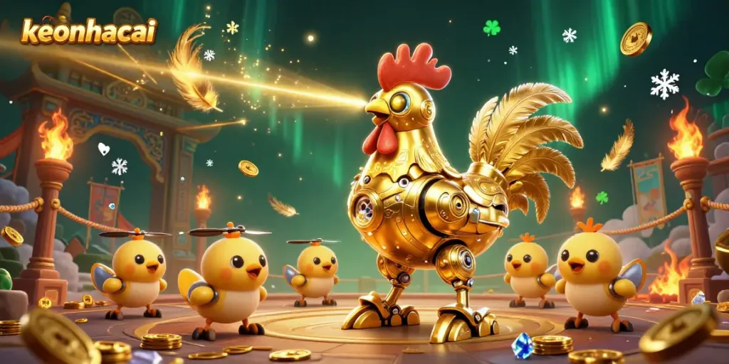 Engage in thrilling betting adventures with keonhacai featuring a golden rooster robot surrounded by dynamic sports elements.