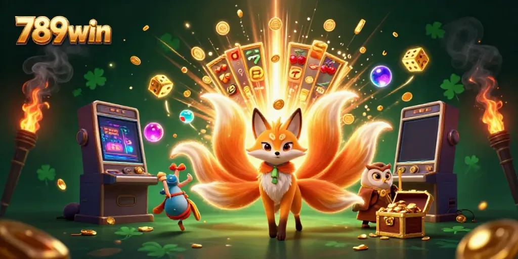 Experience thrilling gaming with 789win's vibrant casino scene filled with exciting symbols and enchanting characters.