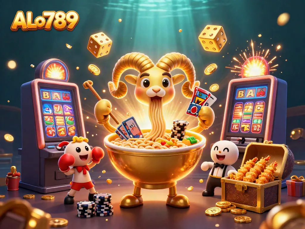 Join the excitement of ALo789 at a vibrant casino scene with 3D mascots and jackpot thrills.