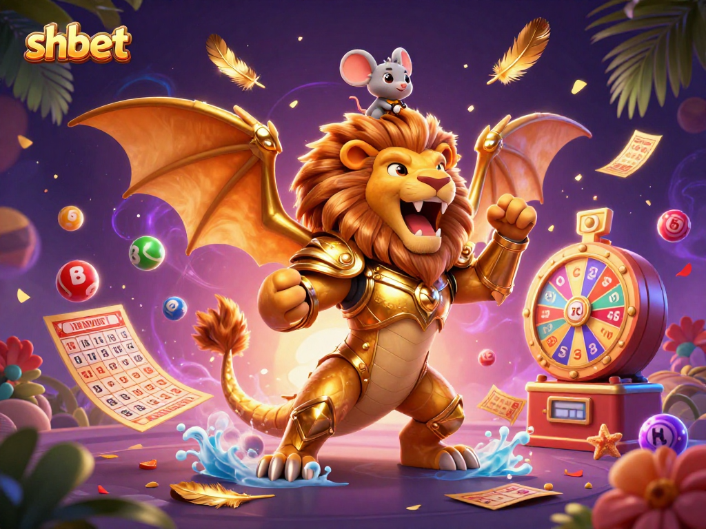 Engage with shbet in a vibrant 3D casino adventure featuring a triumphant chimera and festive gaming elements.