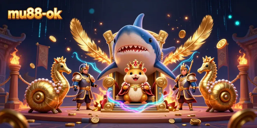 Experience the thrilling game atmosphere at mu88-ok, featuring a golden hamster king surrounded by dynamic casino elements.