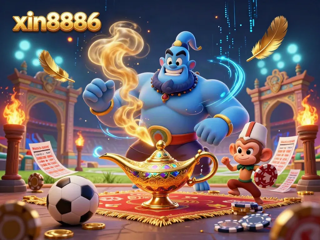 Experience thrilling sports betting with xin8886 in a vibrant, illustrated casino scene.