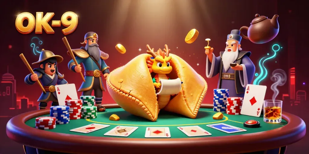 Engage in thrilling gameplay at ok-9 with a vibrant casino scene featuring a giant fortune cookie and dynamic poker elements.