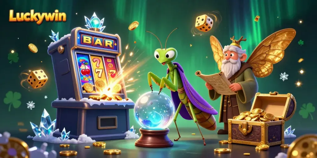 Engage with thrilling Luckywin casino games amid a mystical scene filled with winning symbols.