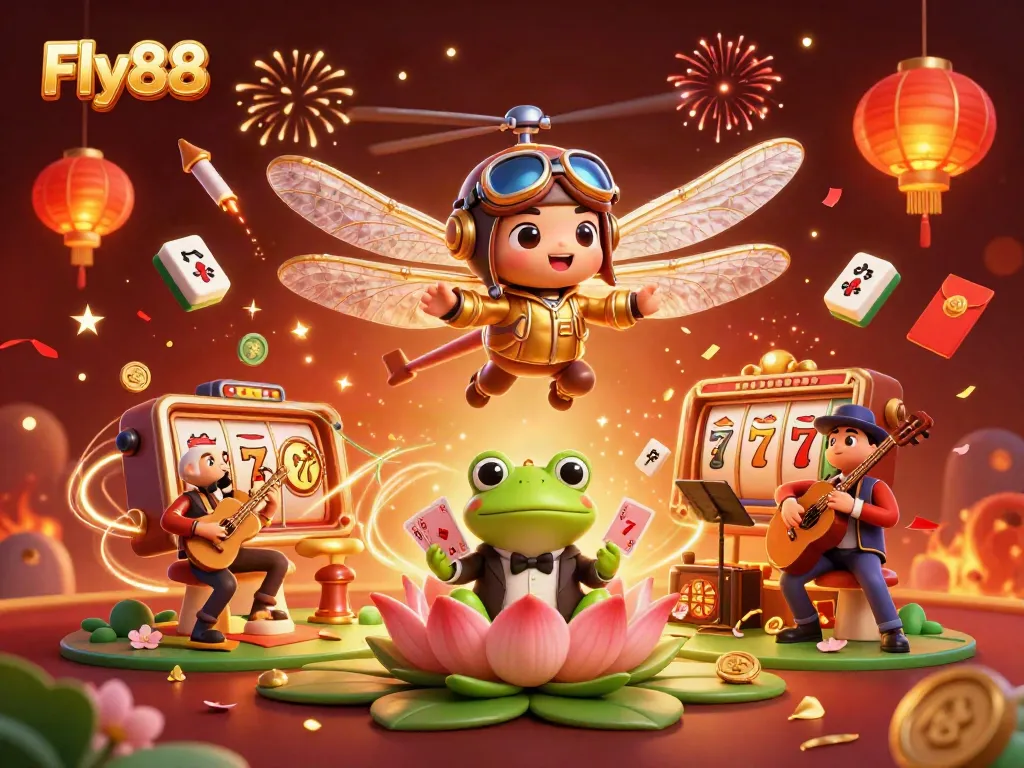 Fly88 features a vibrant 3D casino scene with lively characters, showcasing exciting gameplay elements.