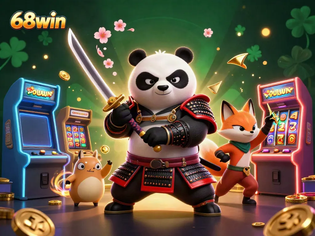 Engaging scene featuring samurai panda and ninja fox in 68win's vibrant gaming world.