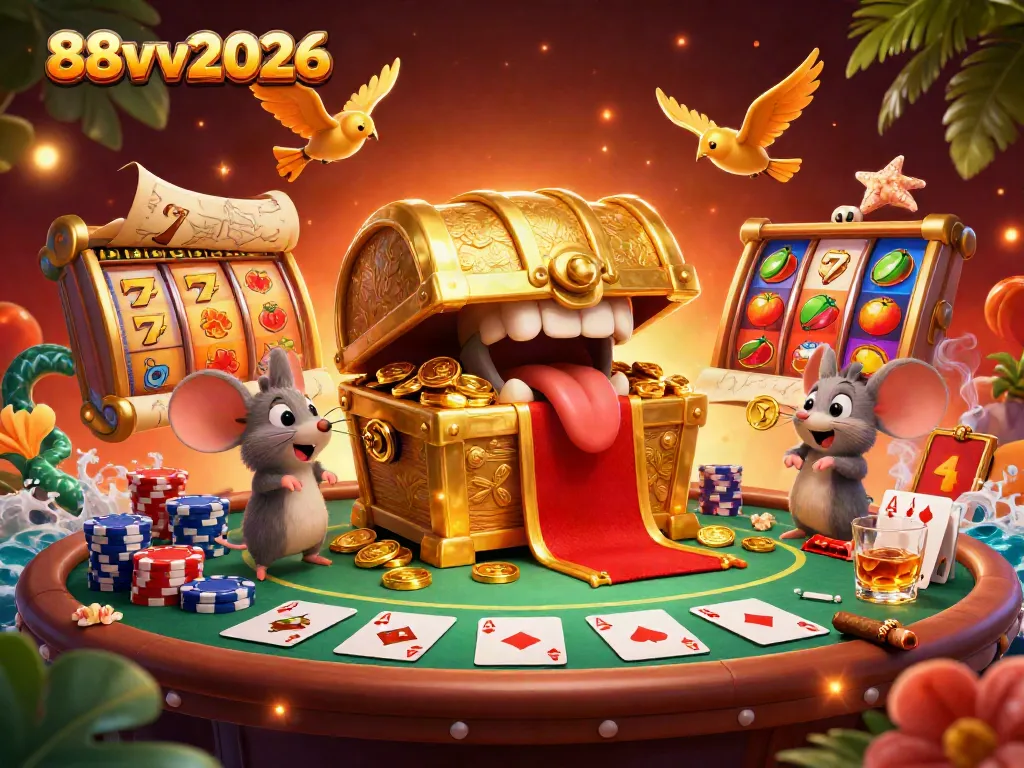Engage with thrilling jackpots at 88vv2026 featuring dynamic 3D illustrations of enticing treasures, poker, and slots.