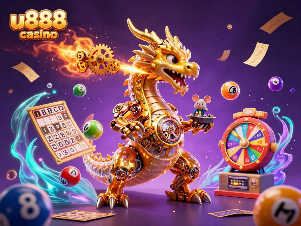 Engage with u888 casino's exciting gameplay featuring a biomechanical dragon and dynamic lottery elements.