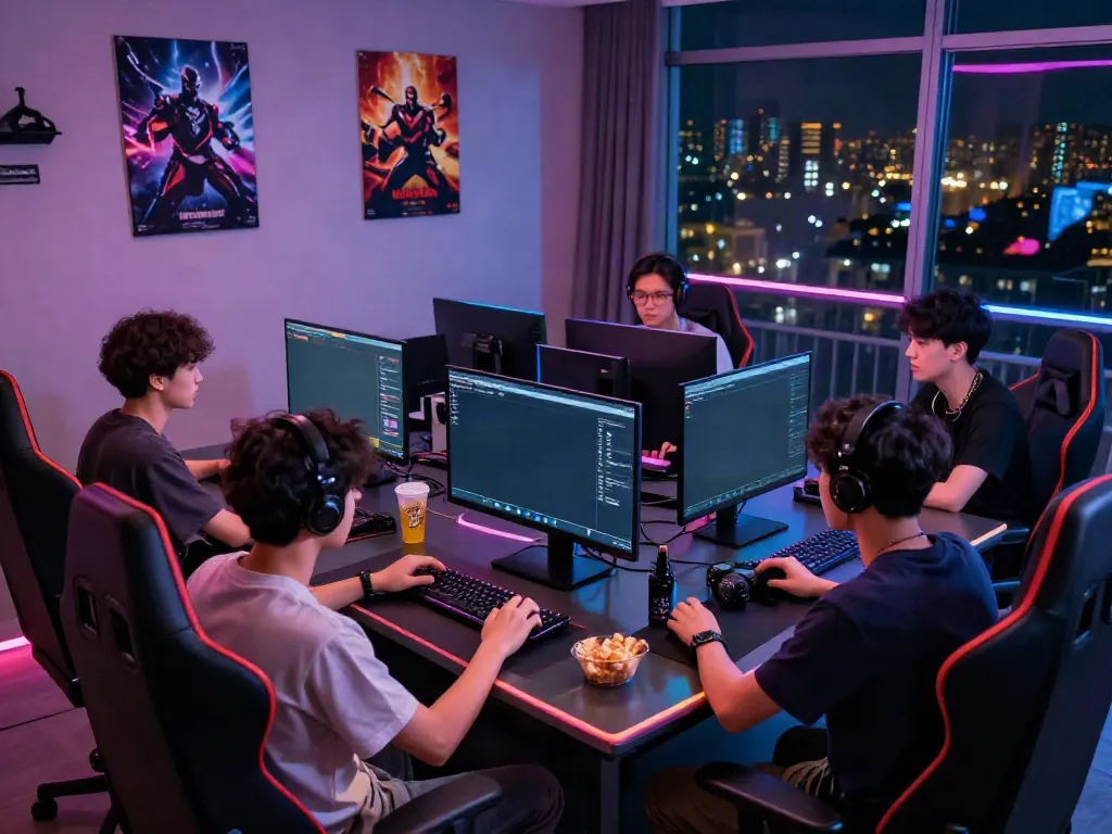 Exciting gaming environment featuring friends engaged with the Manclub platform, vibrant LED lights and city view.