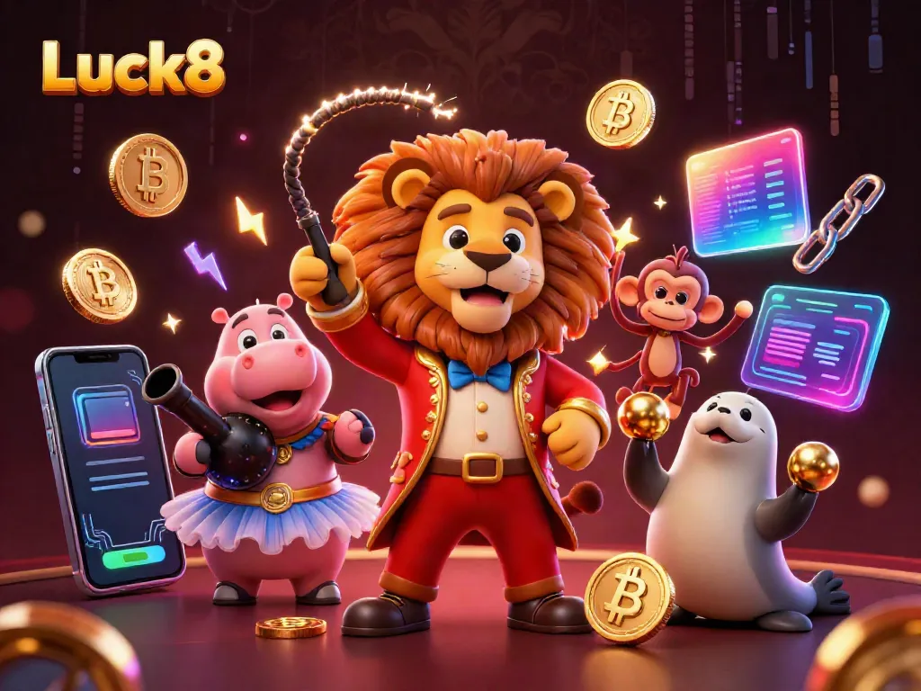 Luck8's dazzling casino scene with animated characters showcasing vibrant games and cryptocurrency elements.
