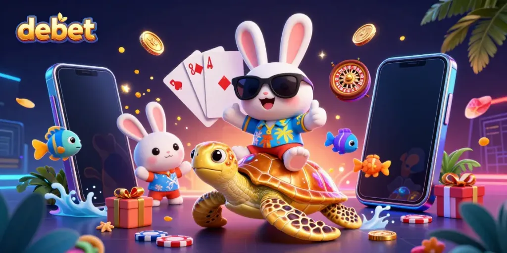 Join the adventure with Debet's charming rabbit and golden turtle in a vibrant casino scene!