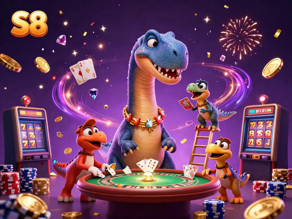 S8 the cartoon brontosaurus delights players while a clever raptor deals cards at a vibrant casino scene