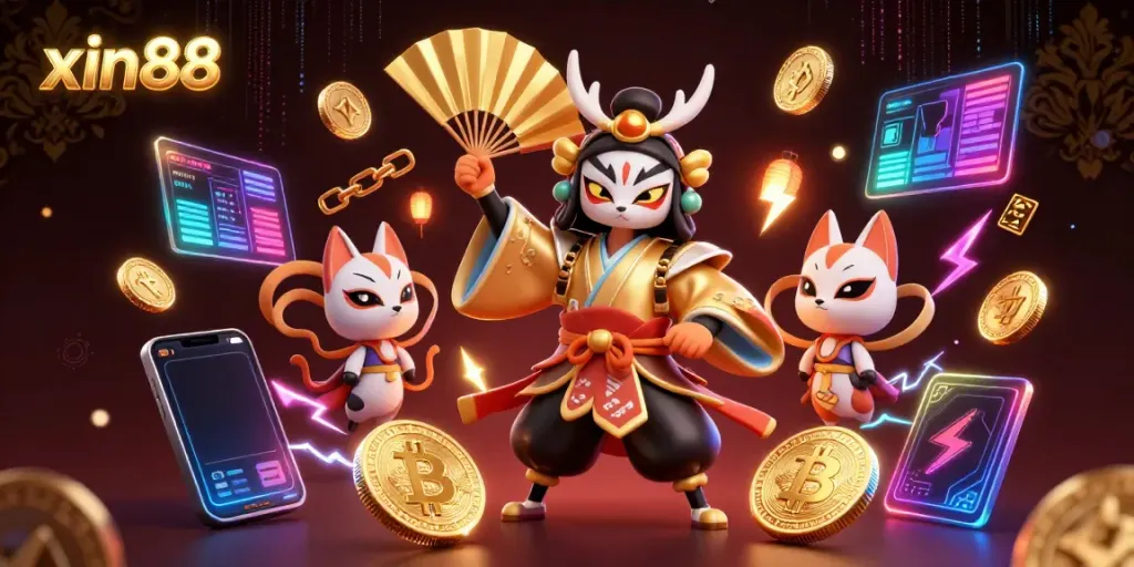 Engage with xin88's thrilling casino experience featuring a kabuki warrior and kitsune in a vibrant scene.