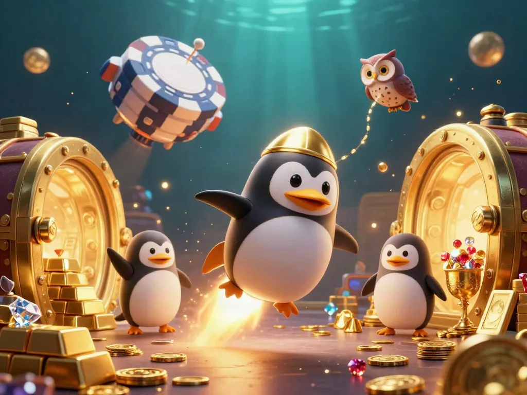 Watch the hubet golden penguin soar toward a casino station filled with treasure and gaming excitement.
